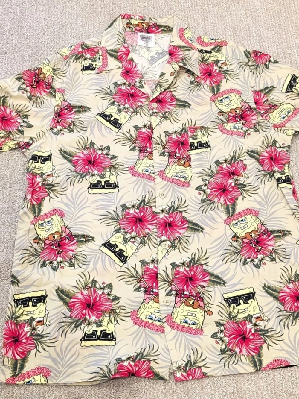 SpongeBob SquarePants Mens Hawaiian Shirt Tan Pink Tropical Rayon Medium New